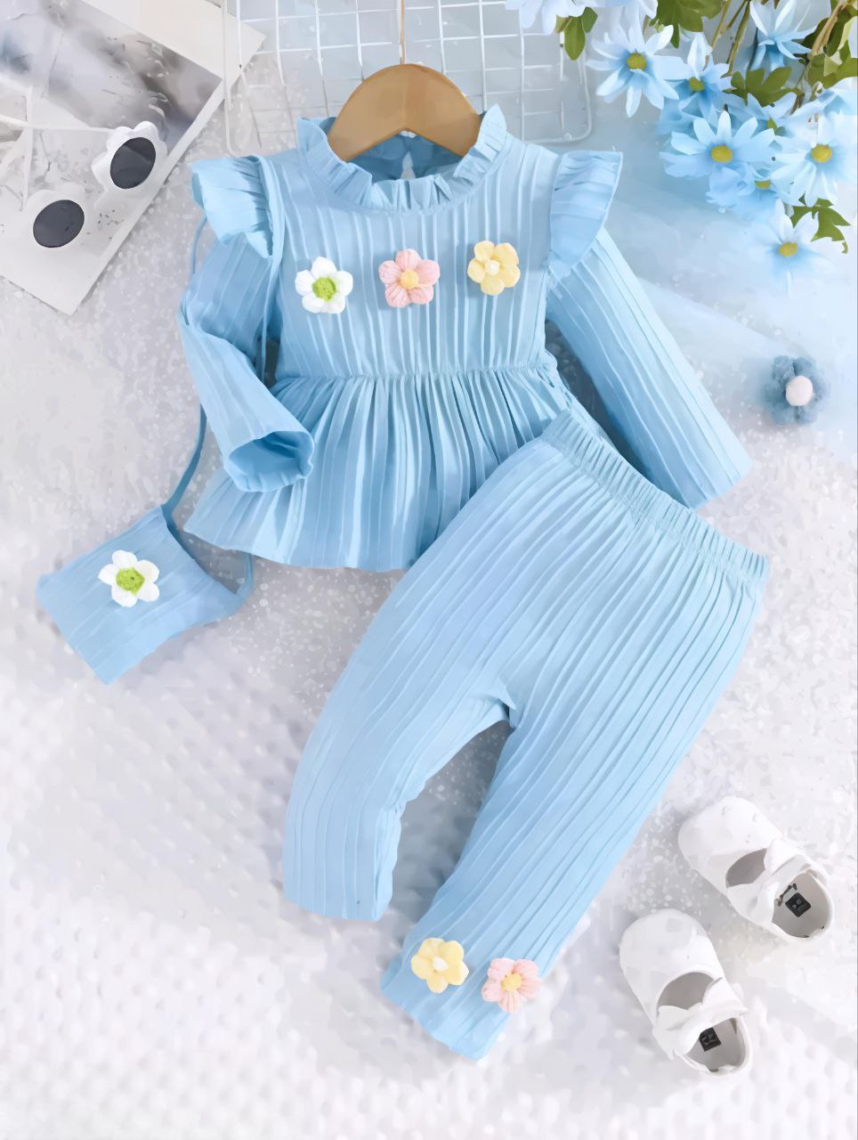 Baby Blue Floral Pleated Clothing Set