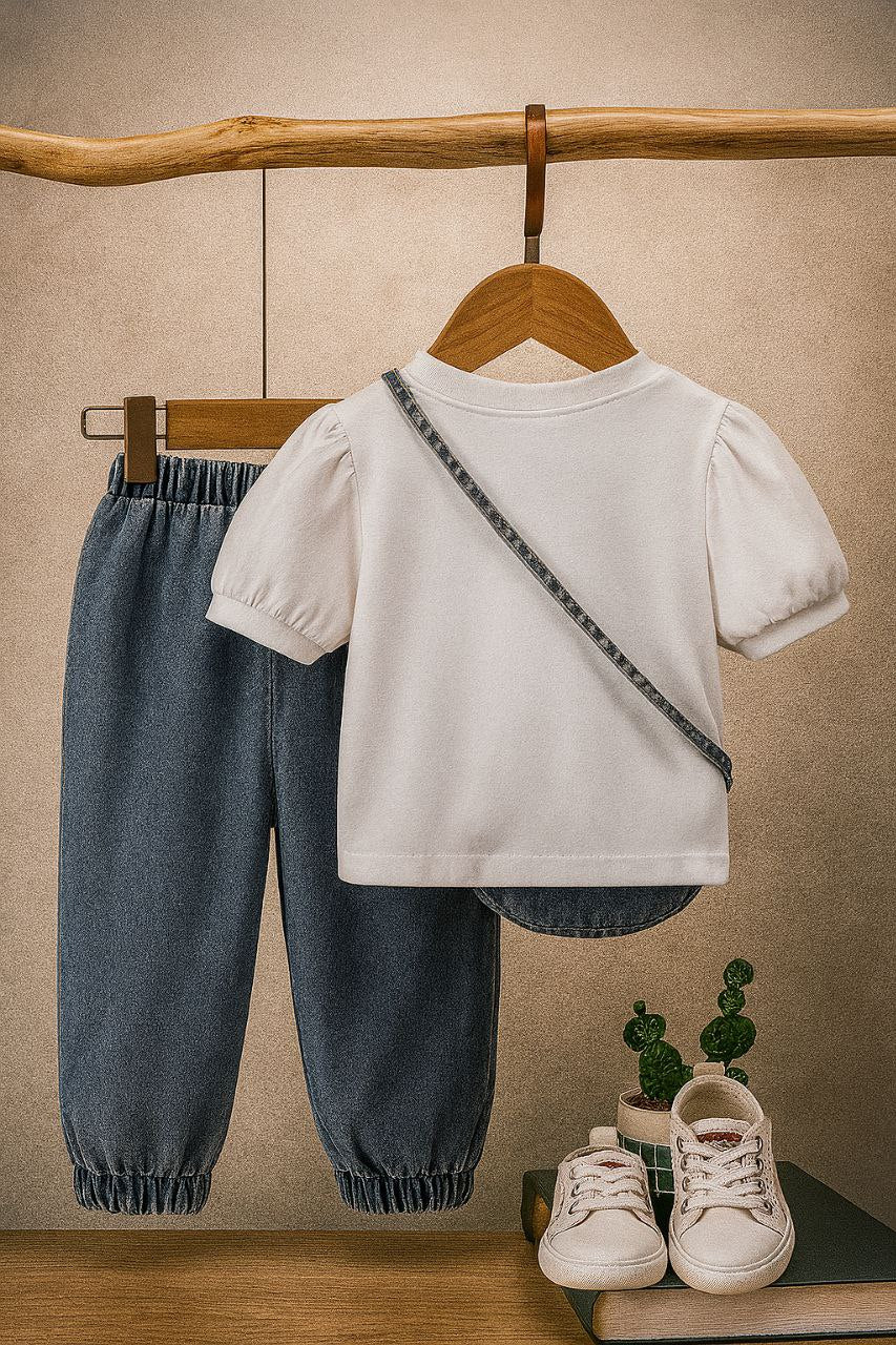 Classic Denim &amp; Puff Sleeve Top Set