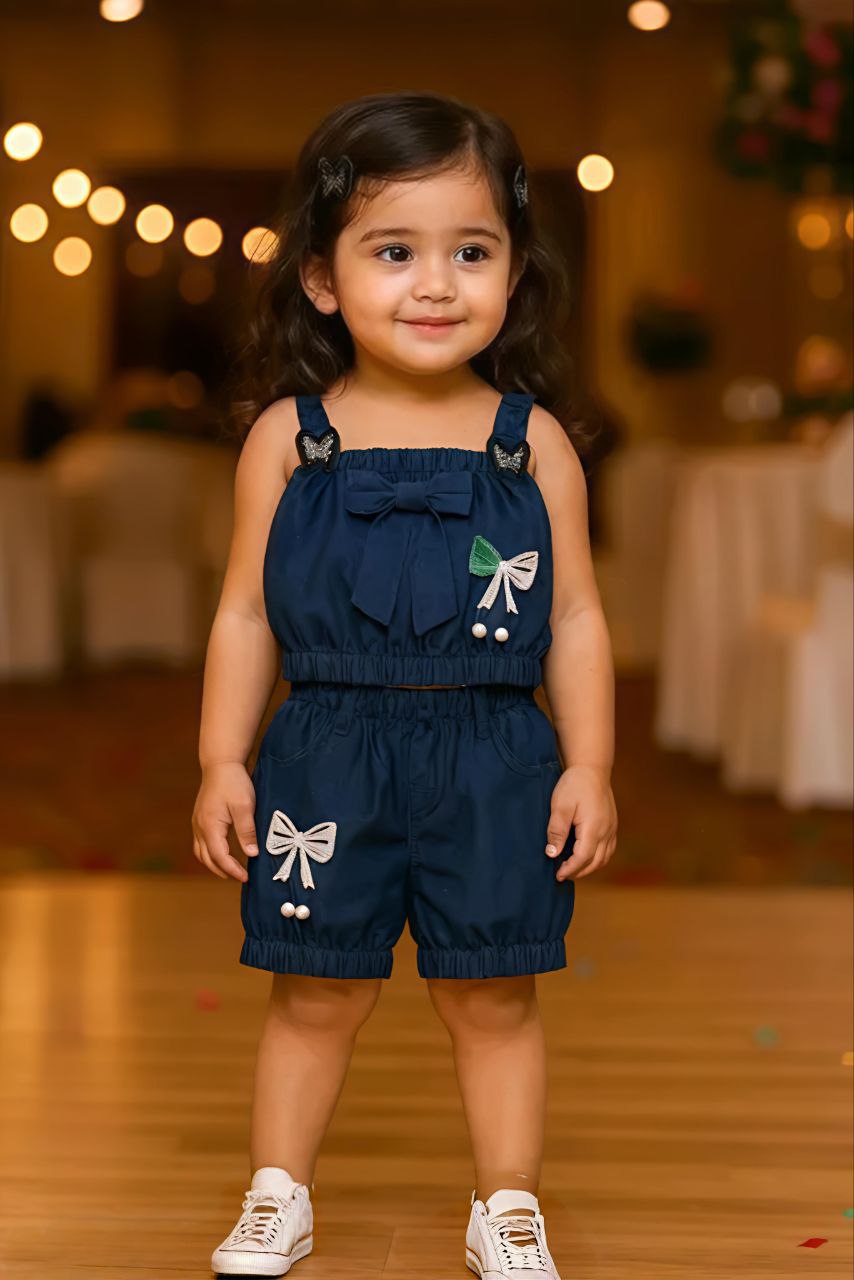Navy Blue Bow Top &amp; Shorts Set