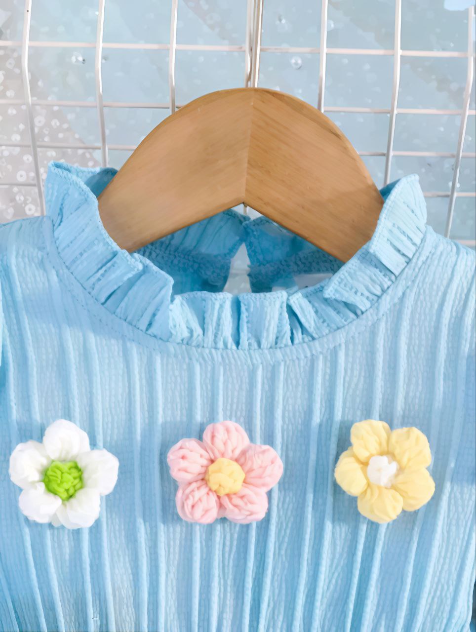 Baby Blue Floral Pleated Clothing Set