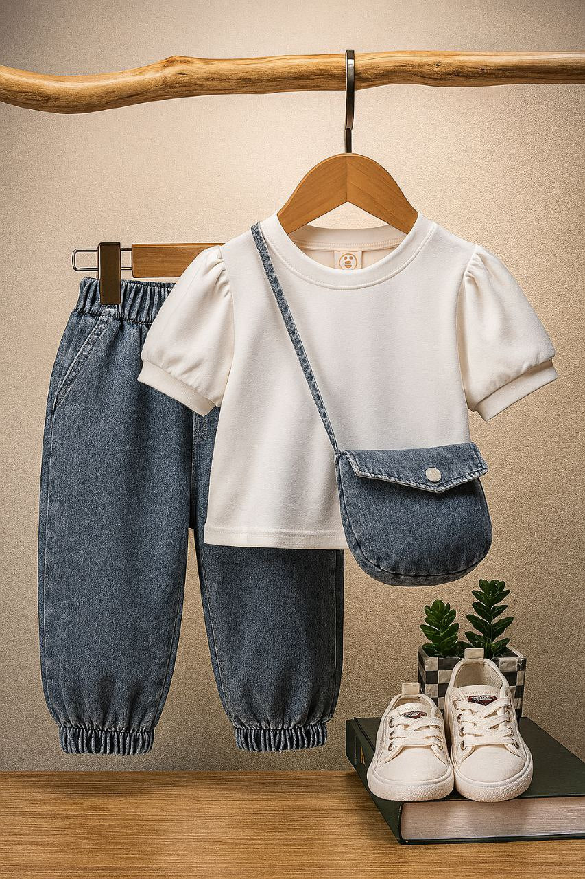 Classic Denim &amp; Puff Sleeve Top Set