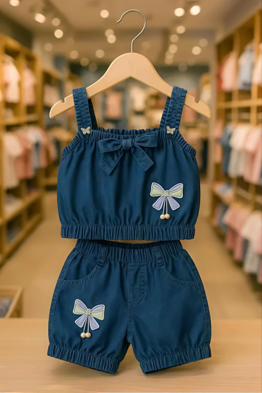 Navy Blue Bow Top &amp; Shorts Set