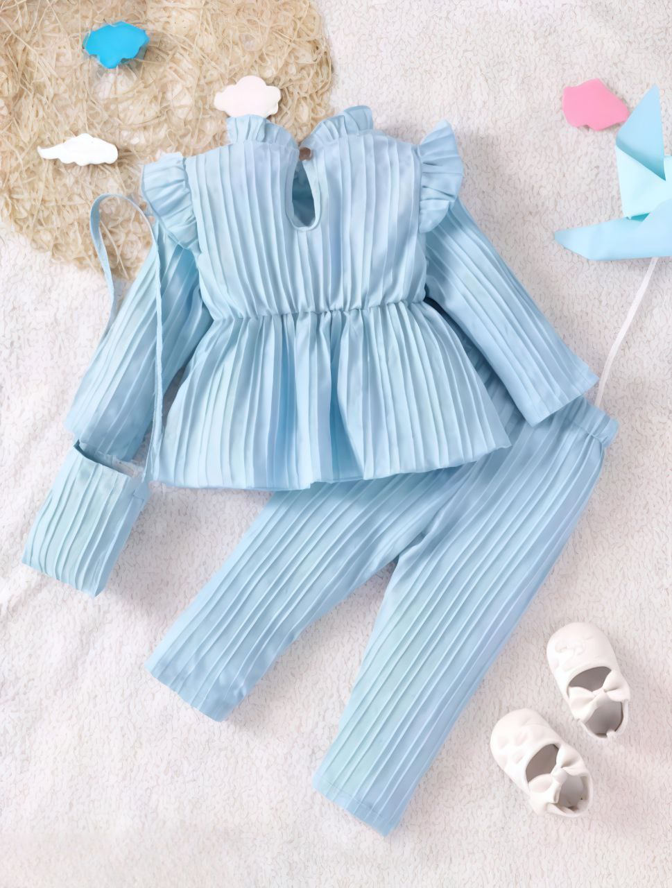 Baby Blue Floral Pleated Clothing Set