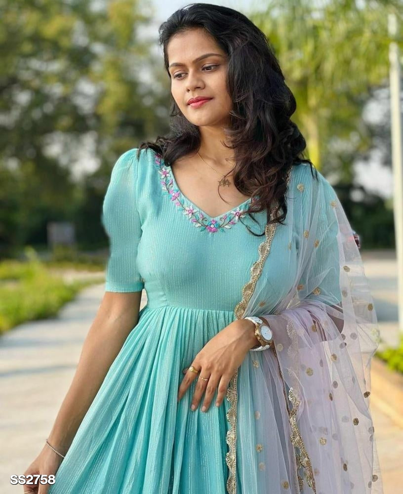 Trendy Sky Blue Silk Gown Set