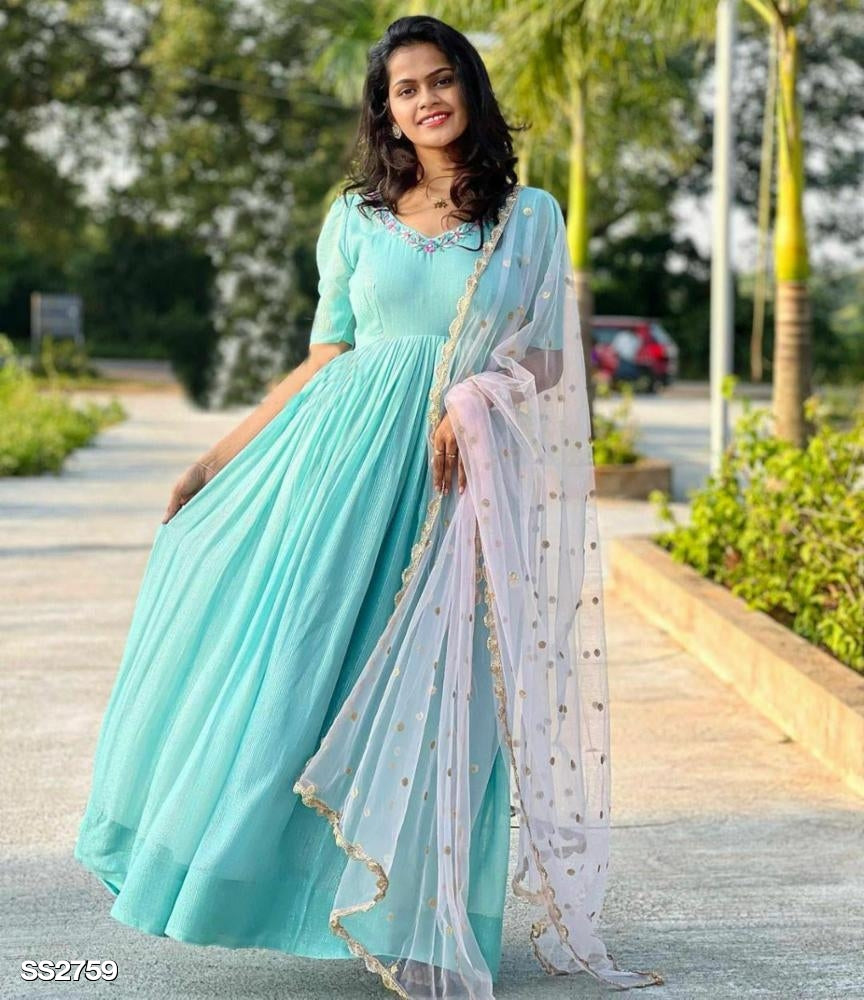 Trendy Sky Blue Silk Gown Set