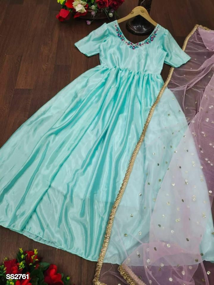 Trendy Sky Blue Silk Gown Set