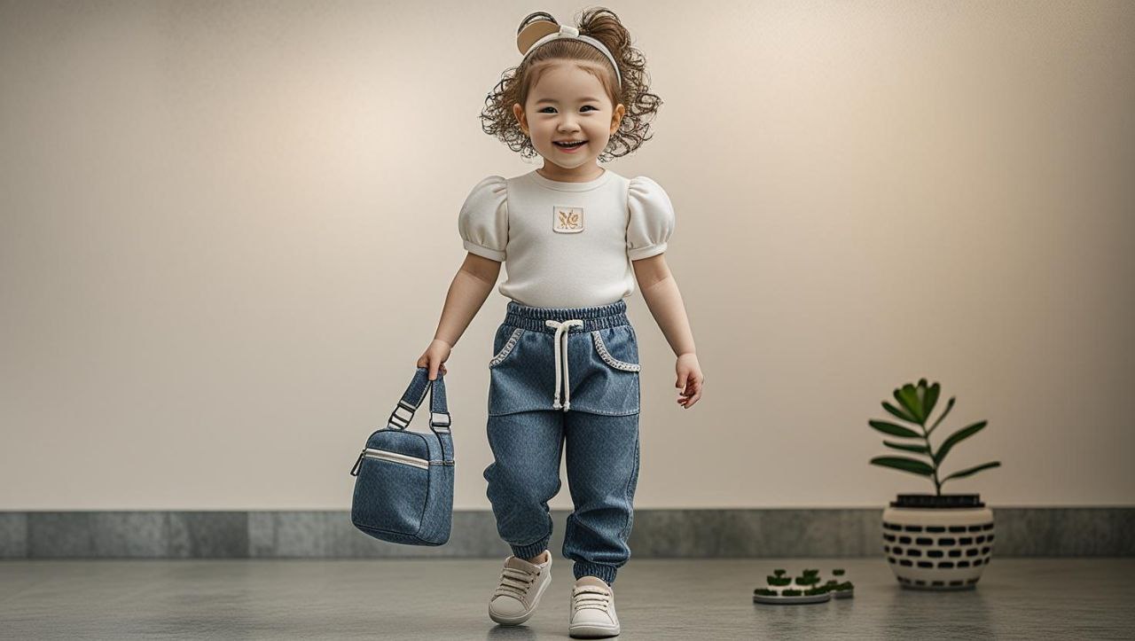 Classic Denim &amp; Puff Sleeve Top Set