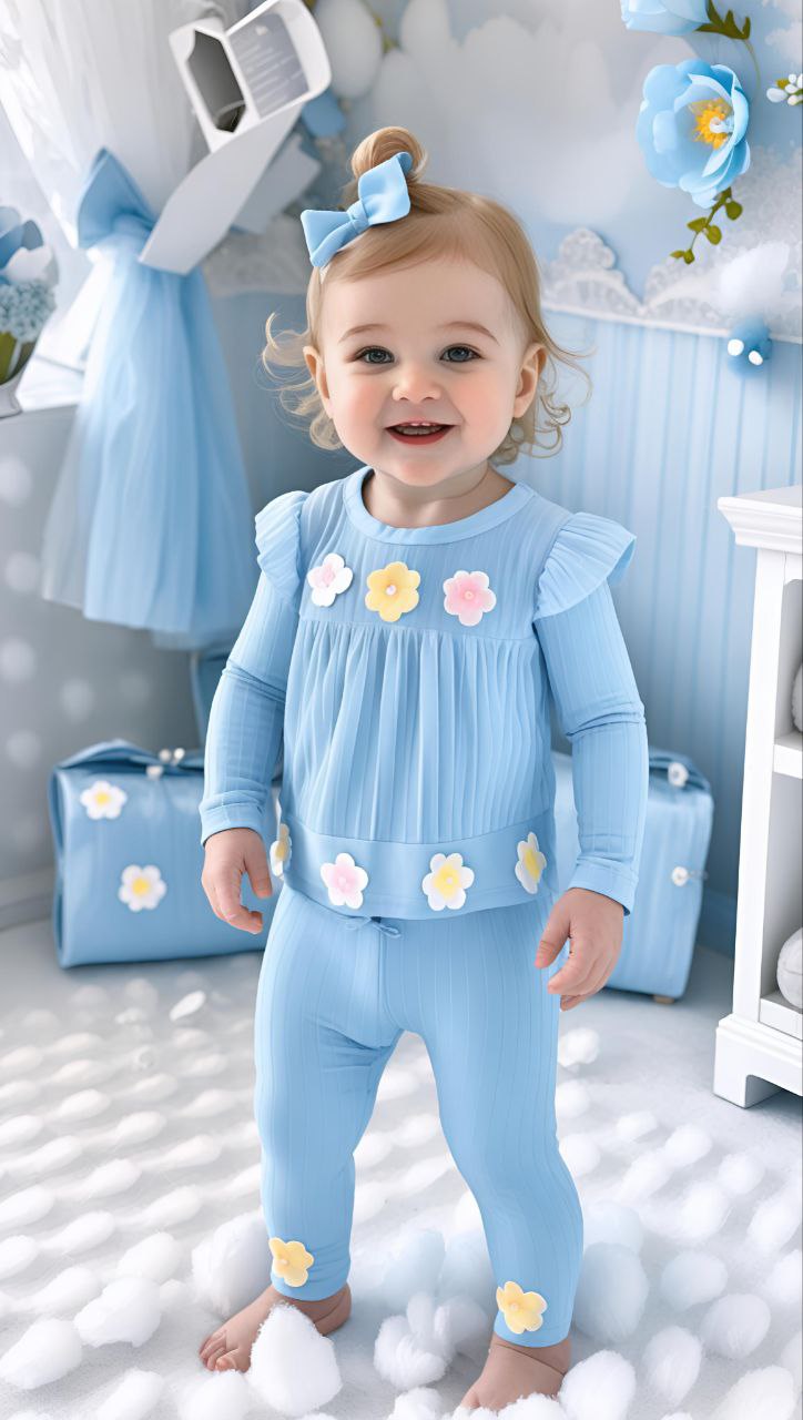 Baby Blue Floral Pleated Clothing Set