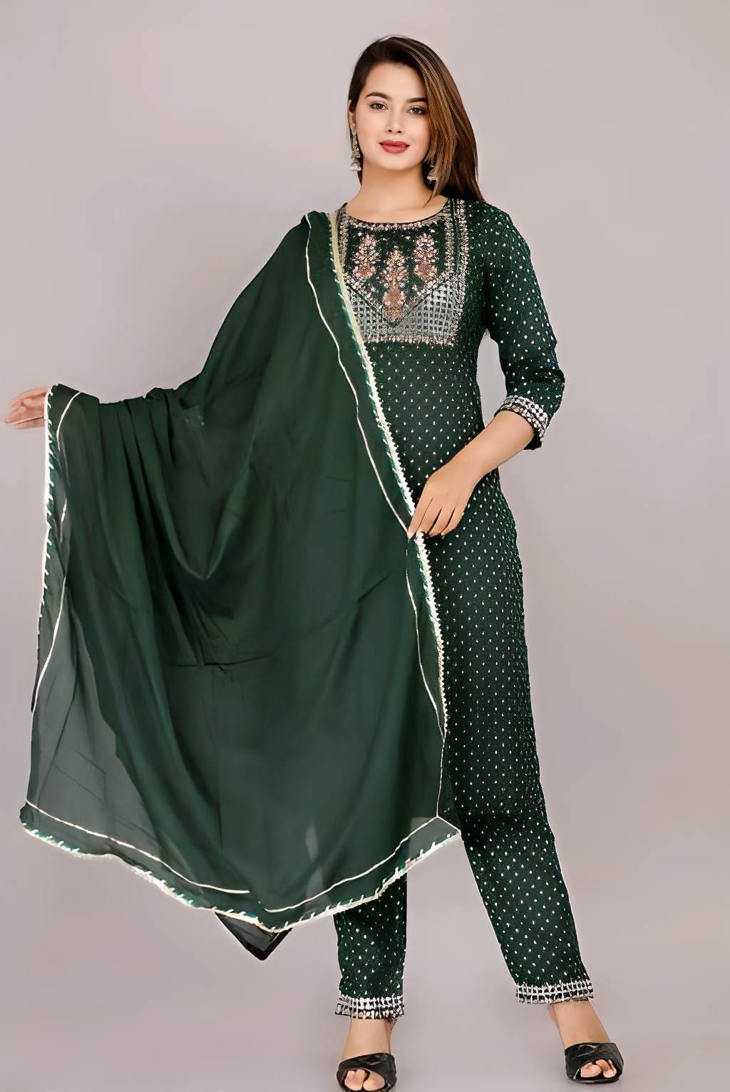 Embroidered Kurti Pant Dupatta Set